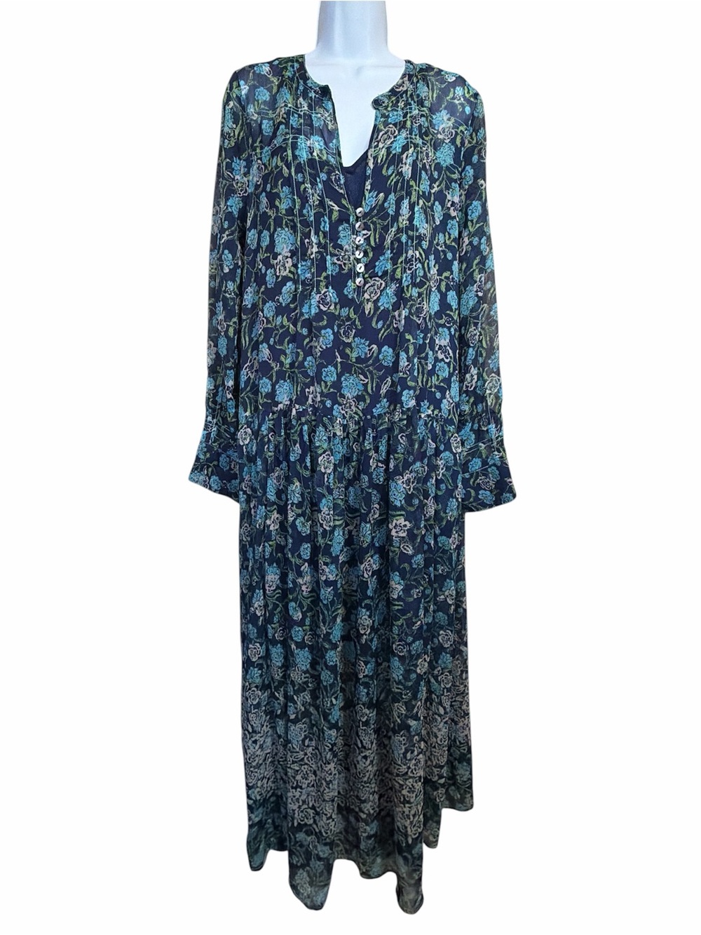 Bohemian Floral Long Sleeve Maxi Dress - Navy Blue